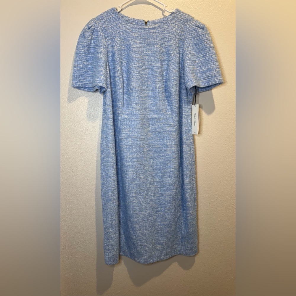 Calvin Klein Women’s A-Line Blue Shot Sleeves Tweed Dress Zip Back Size 14 W